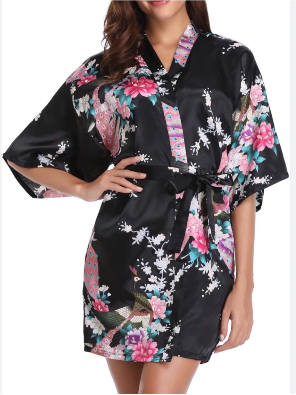 Silky Floral Black Kimono Robe with Belt